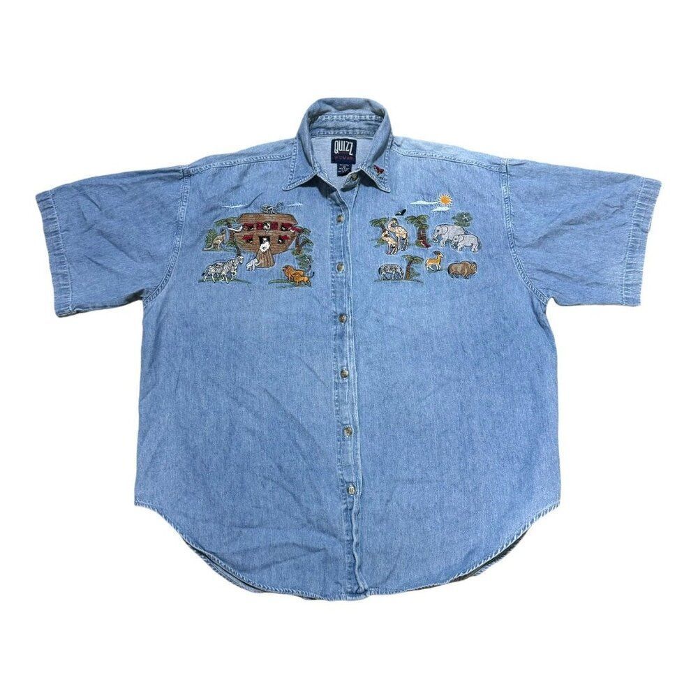 Quizz New York Womens Denim Shirt Embroidered Animal Noahs Ark Church Size 20